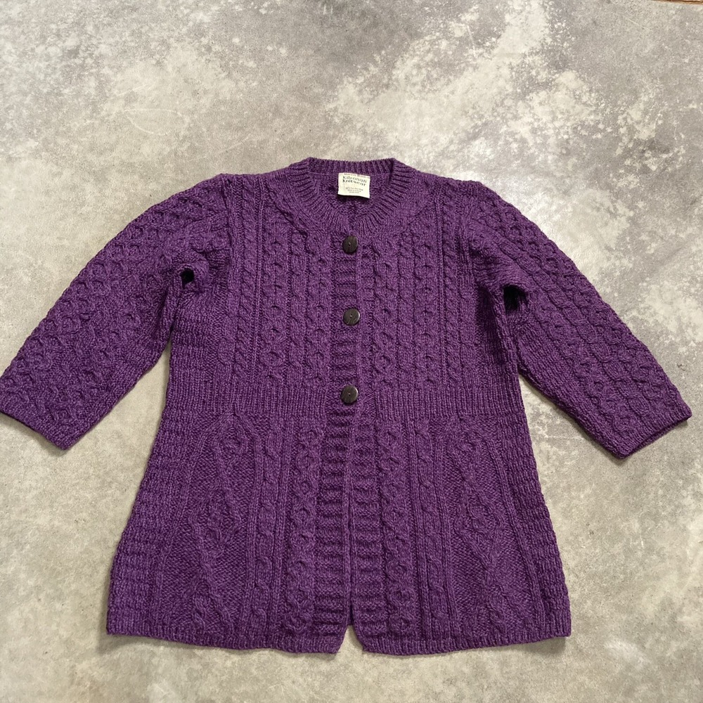 Kilronan Knitwear Sweater Cardigan Womens XS Purple 3/4 Sleeve Pure Merino Wool